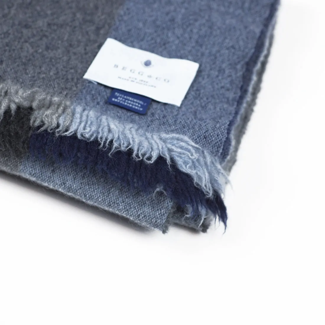 Large washed lambswool/angora stole, Blue graded check