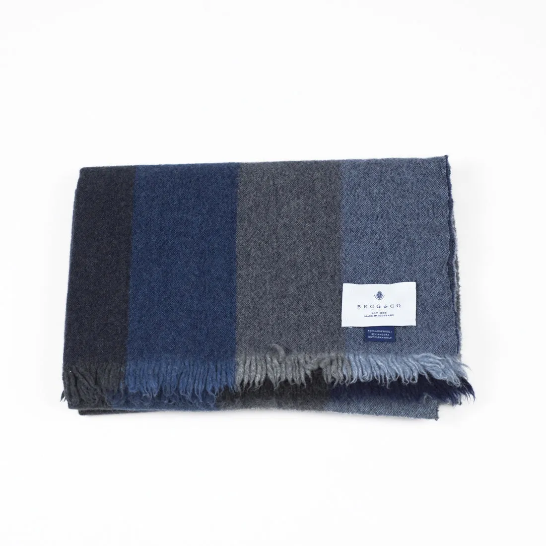 Large washed lambswool/angora stole, Blue graded check