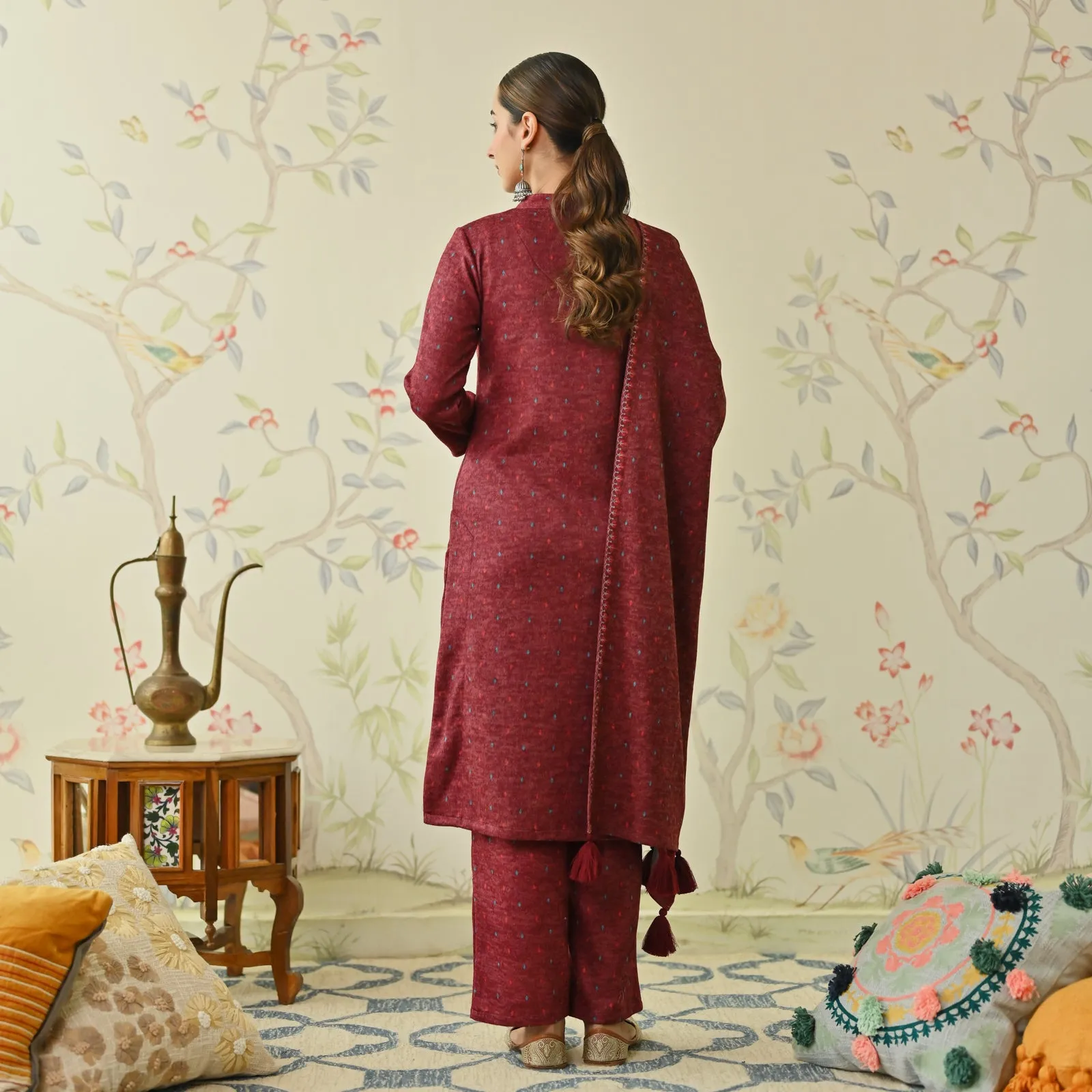 Maroon Embroidered Woollen Kurta Pant Set with Dupatta