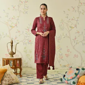 Maroon Embroidered Woollen Kurta Pant Set with Dupatta