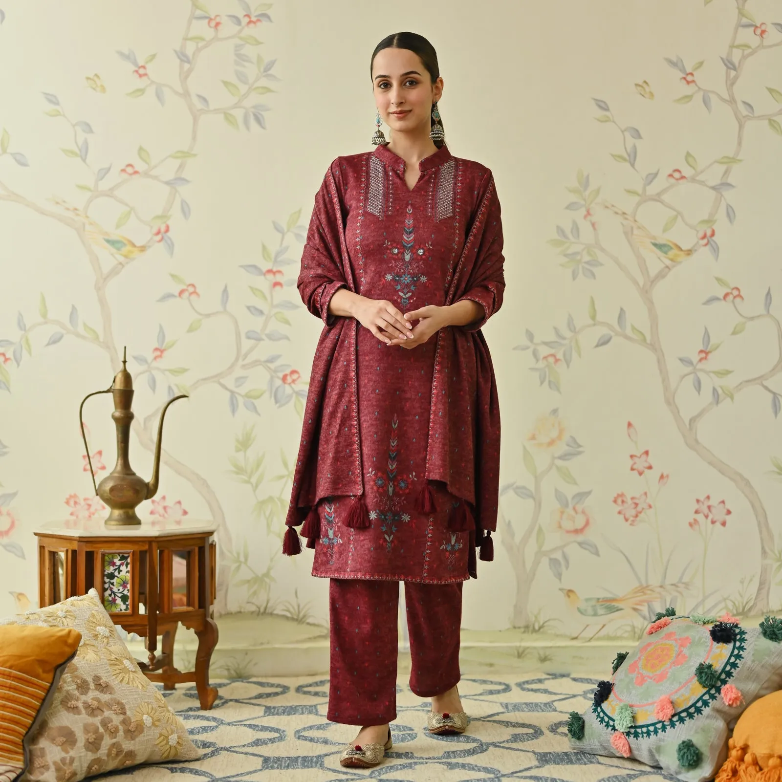 Maroon Embroidered Woollen Kurta Pant Set with Dupatta