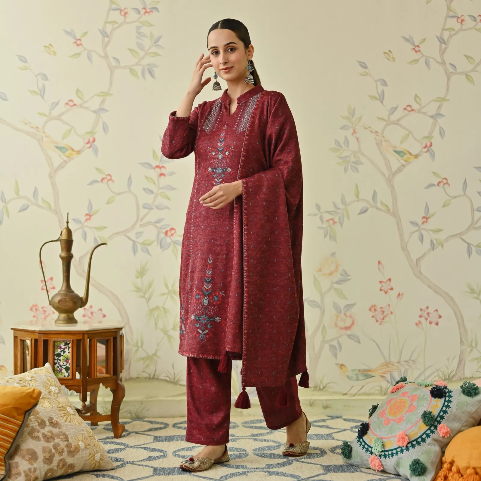 Maroon Embroidered Woollen Kurta Pant Set with Dupatta