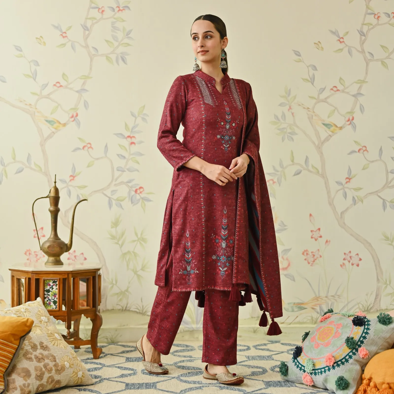 Maroon Embroidered Woollen Kurta Pant Set with Dupatta