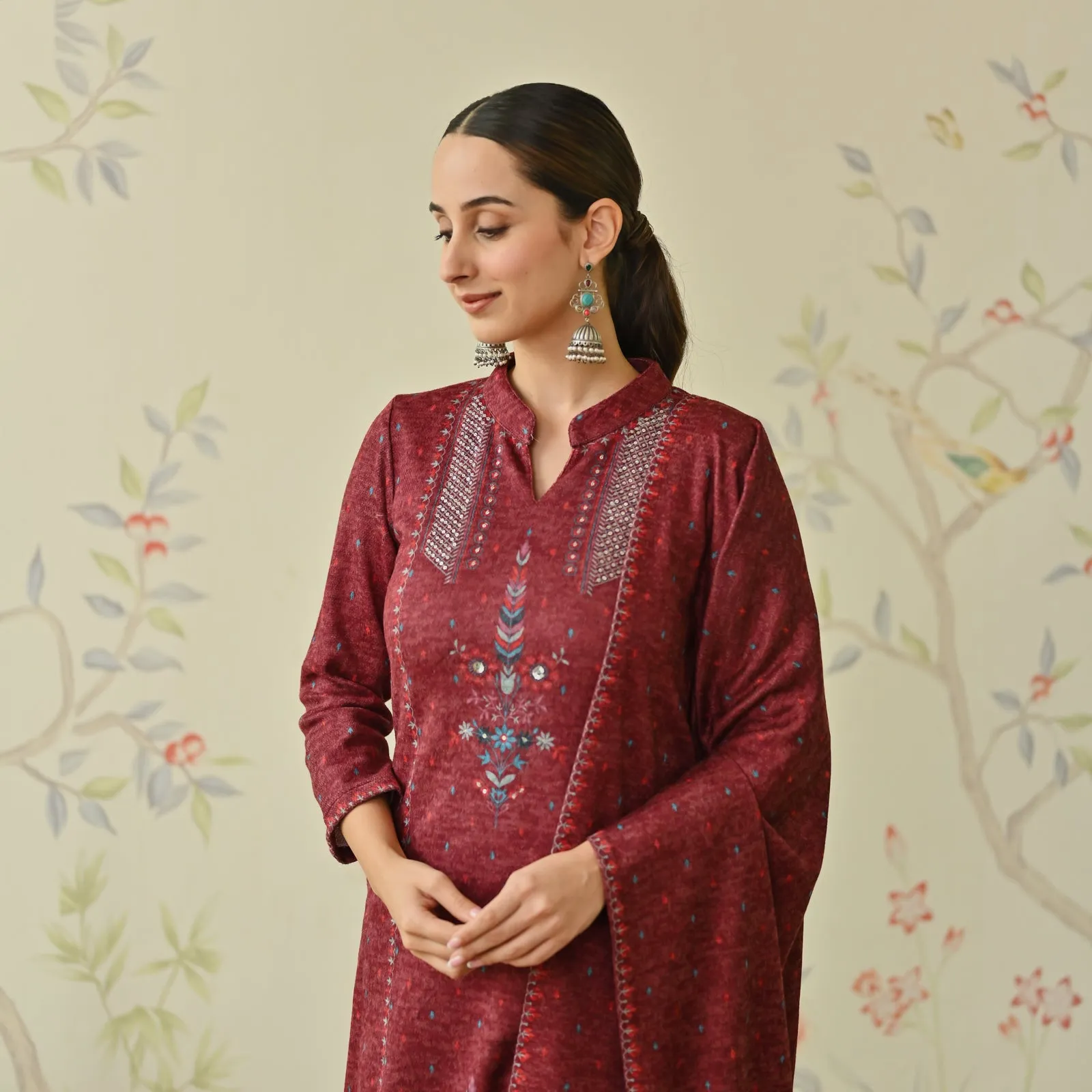 Maroon Embroidered Woollen Kurta Pant Set with Dupatta