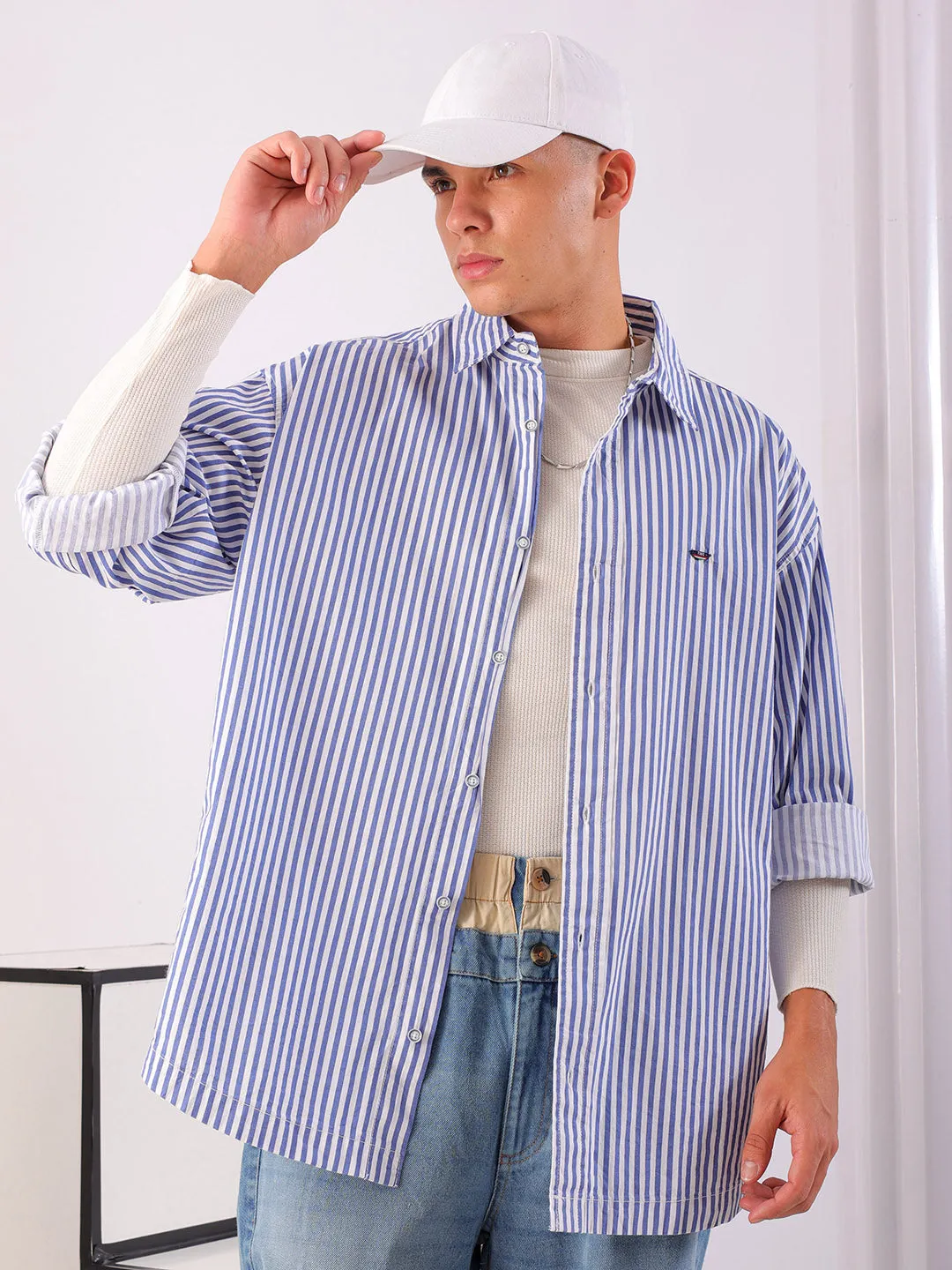 Men's White Korean Fit Striped Streetwear Shirt