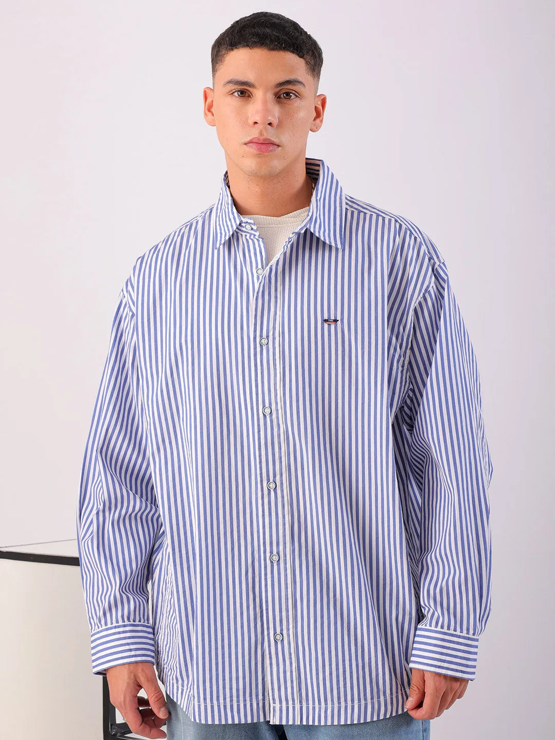 Men's White Korean Fit Striped Streetwear Shirt