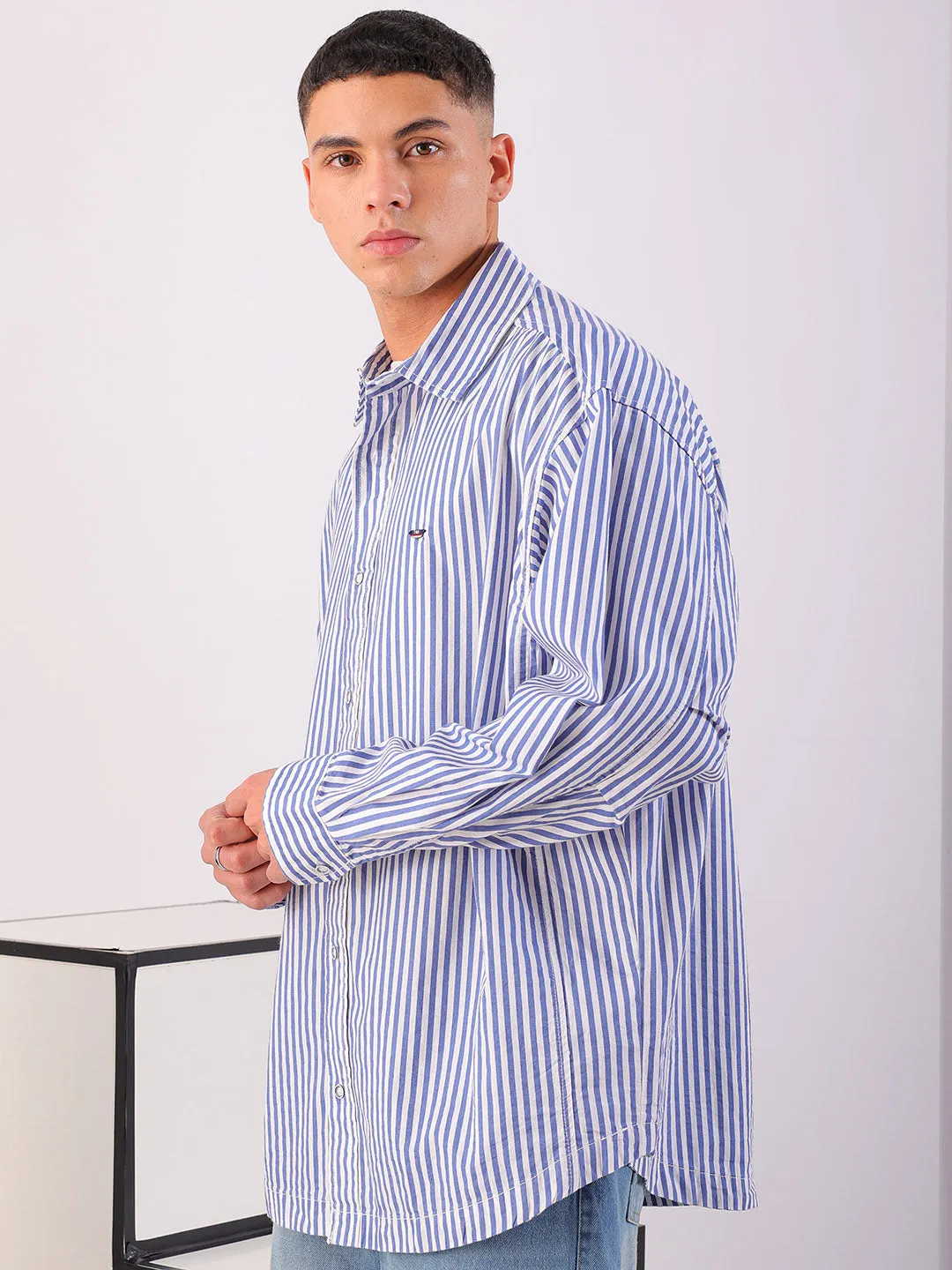 Men's White Korean Fit Striped Streetwear Shirt