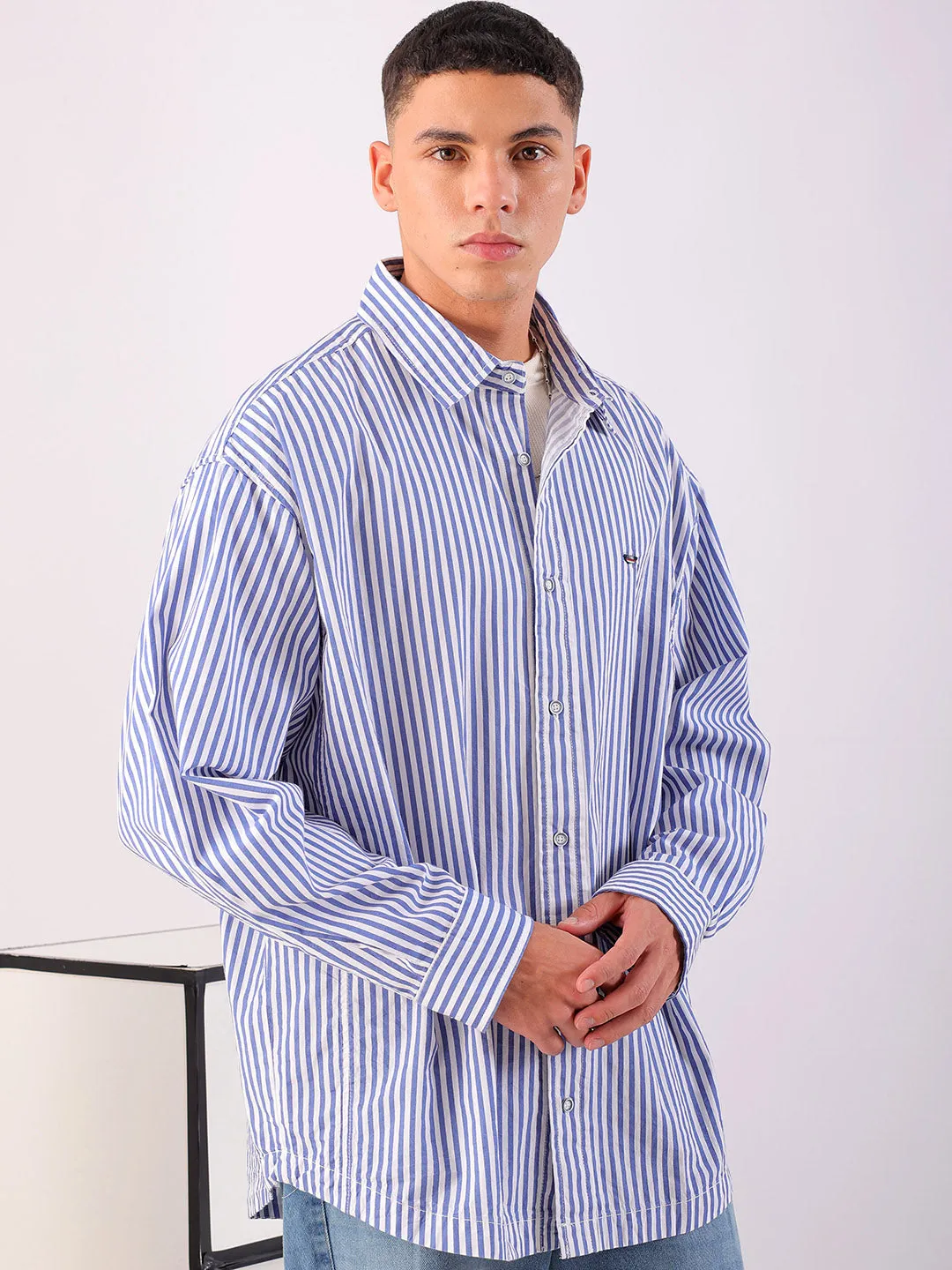 Men's White Korean Fit Striped Streetwear Shirt