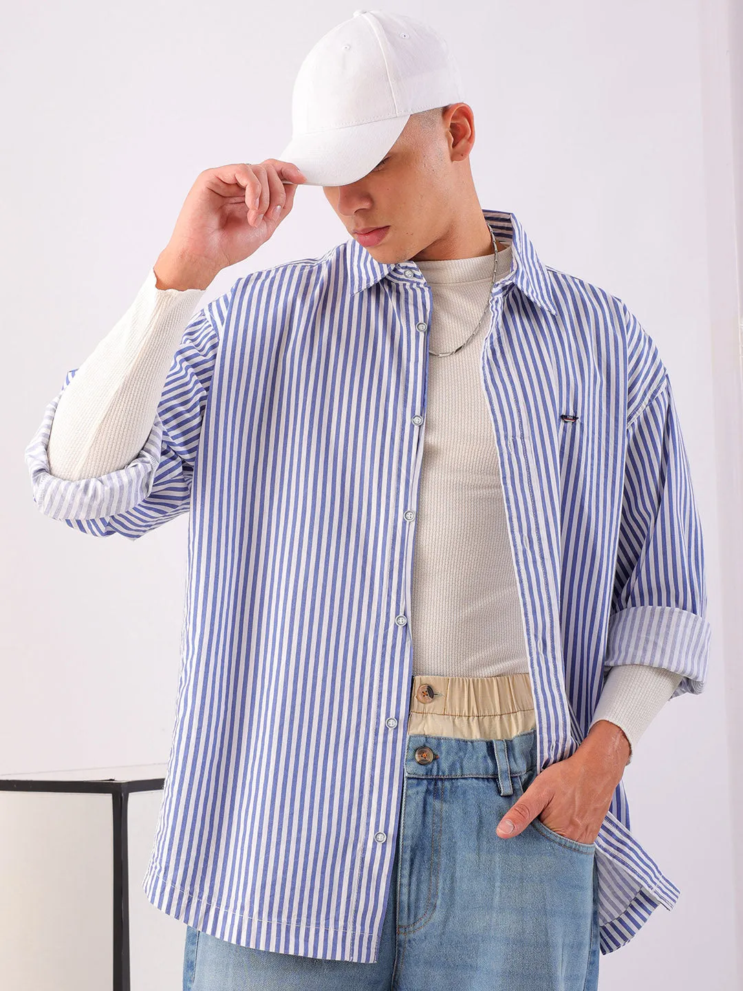 Men's White Korean Fit Striped Streetwear Shirt