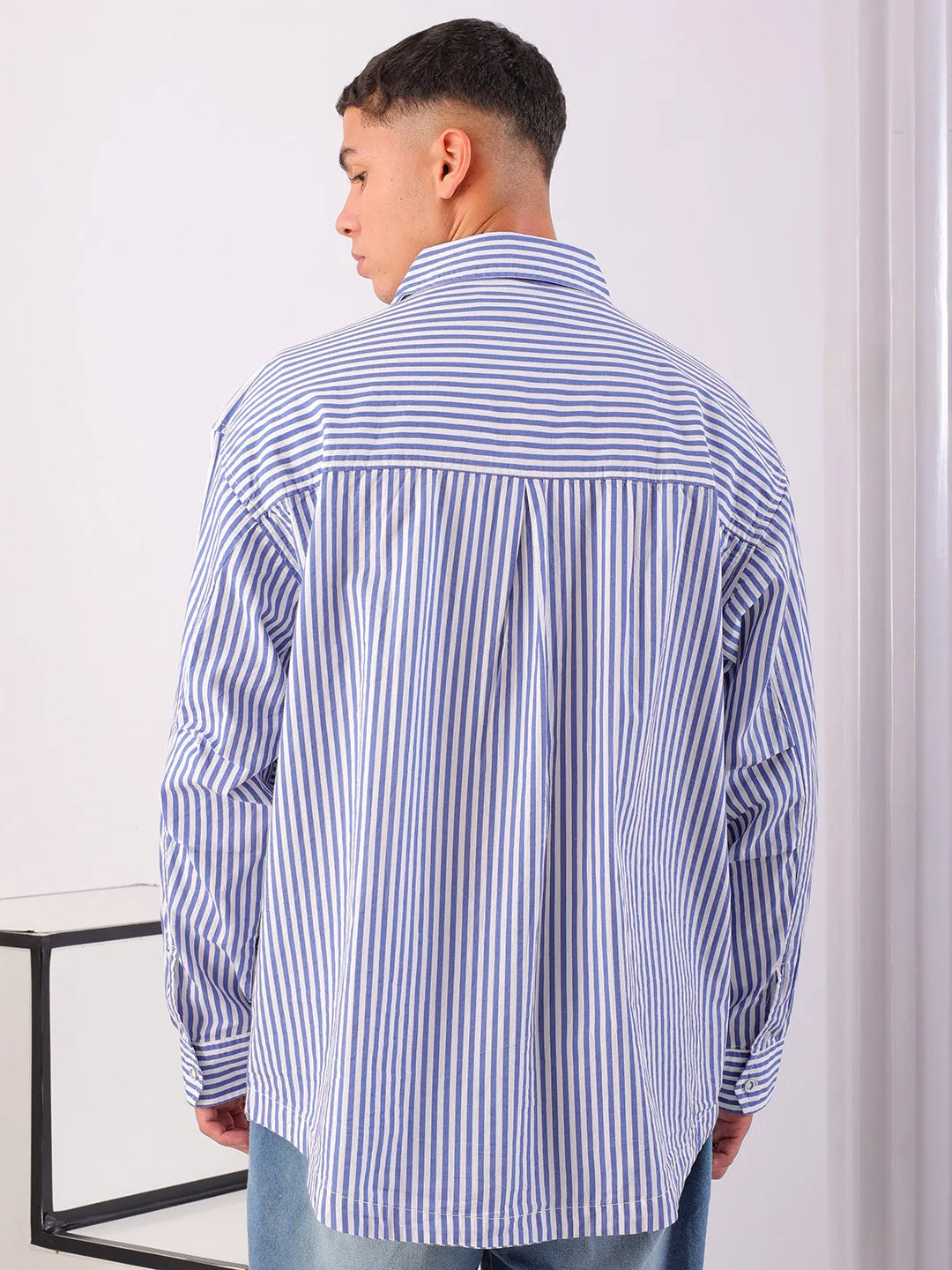 Men's White Korean Fit Striped Streetwear Shirt