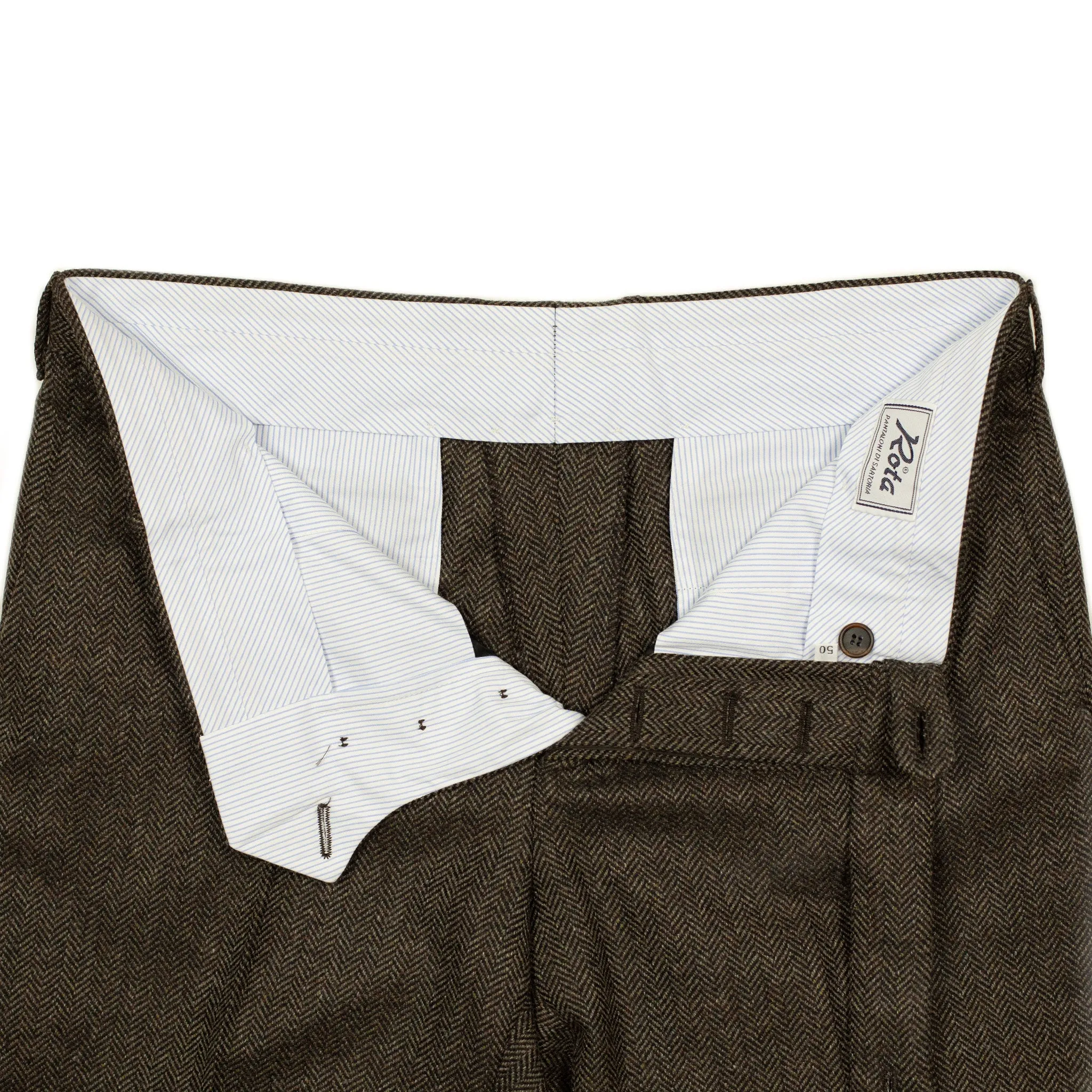 Mid-rise belt loop trousers in brown tweed-like herringbone wool cashmere (restock)