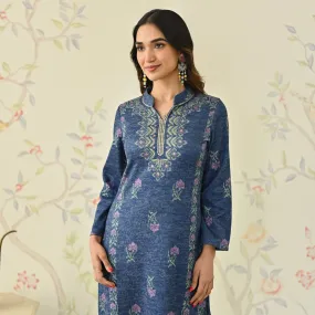 Navy Blue Embroidered Woollen Kurta