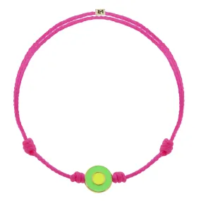 Neon Green Enameled Evil Eye Disk on Neon Pink Cord Bracelet