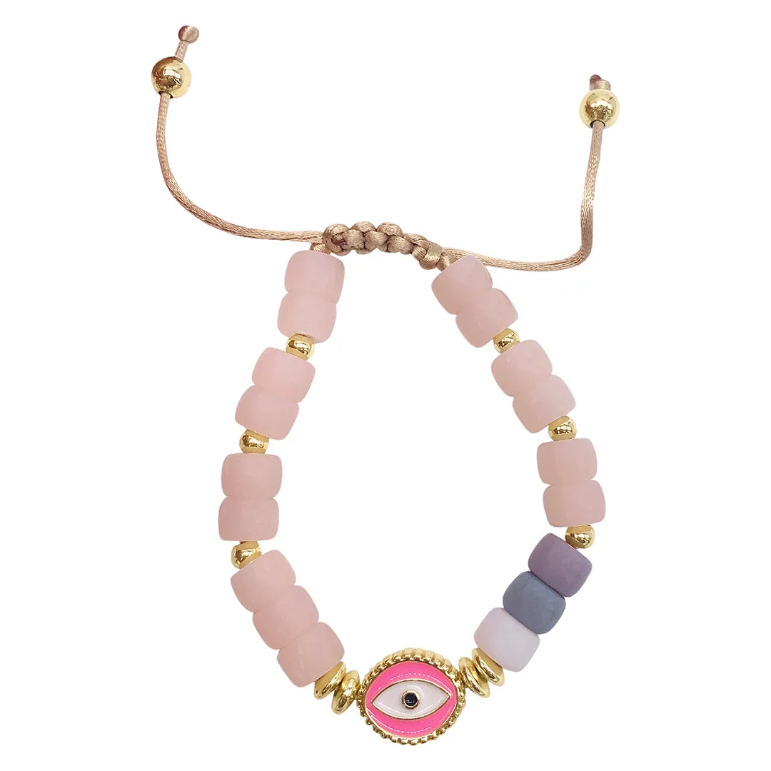 Pink Evil Eye Enamel Beaded Bolo Bracelet gold