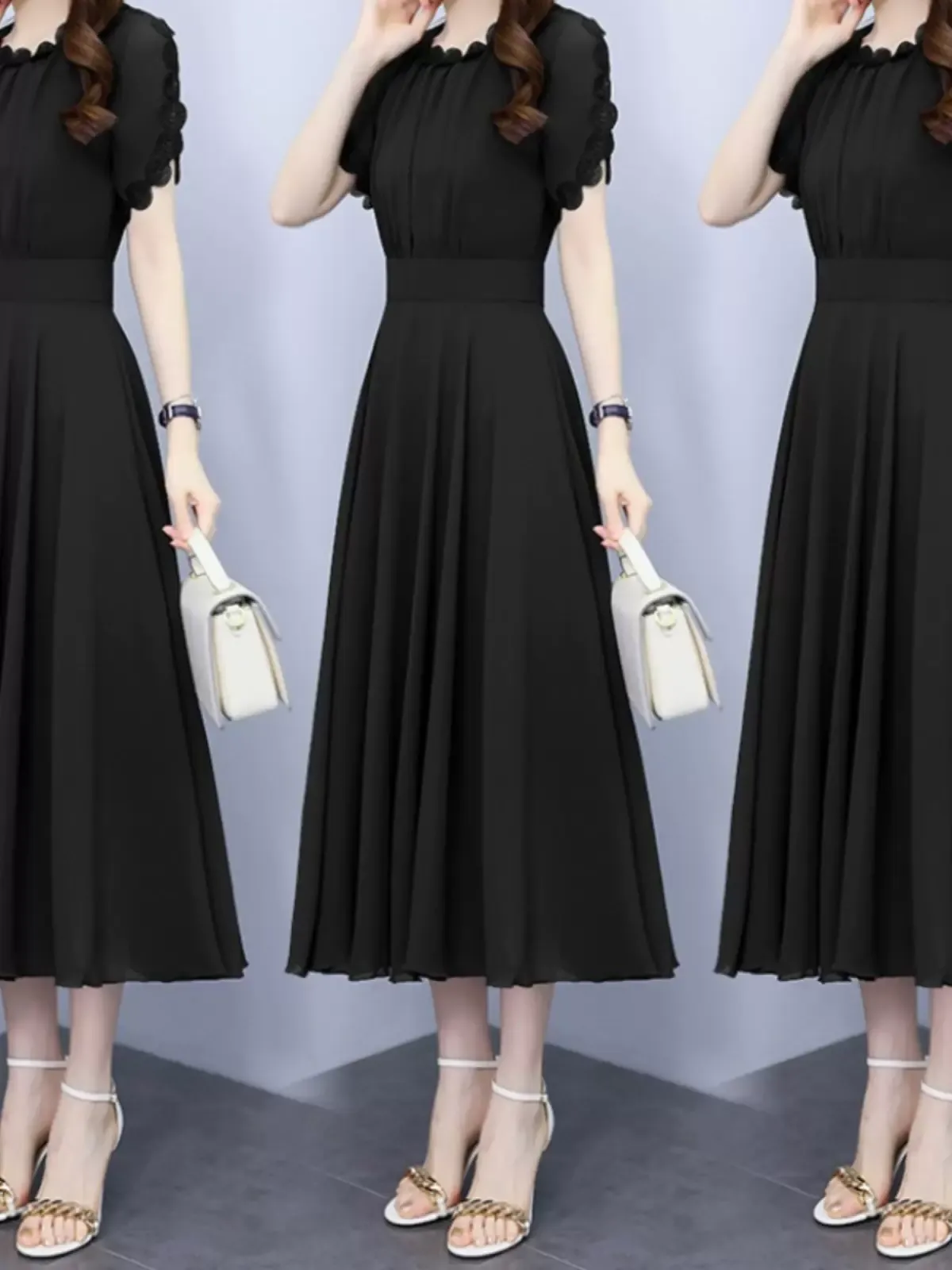 Plus Size Chiffon Scallop Short Sleeve Midi Dress