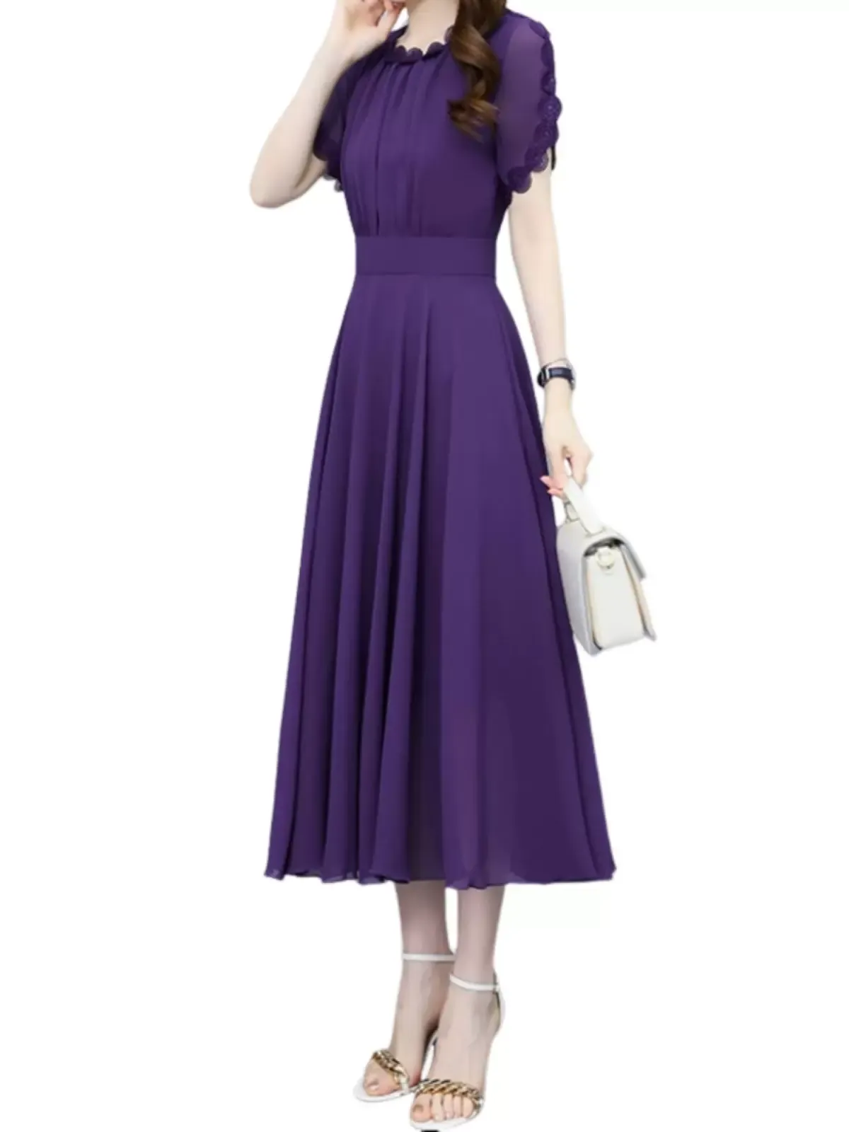 Plus Size Chiffon Scallop Short Sleeve Midi Dress