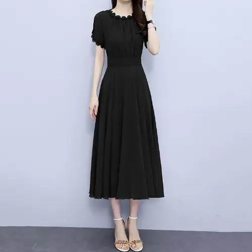 Plus Size Chiffon Scallop Short Sleeve Midi Dress