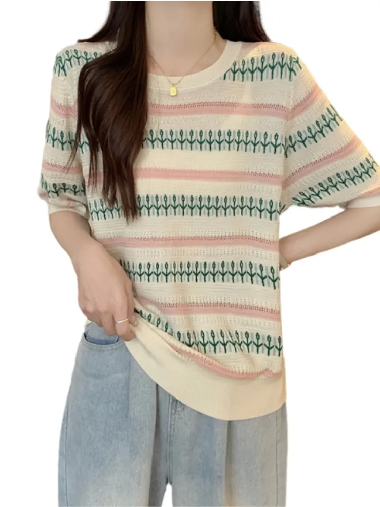 Plus Size Pastel Knit Stripe Short Sleeve Top