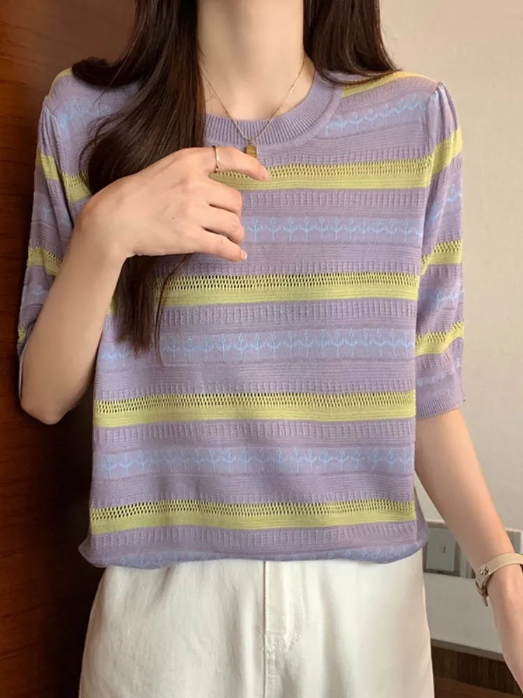 Plus Size Pastel Knit Stripe Short Sleeve Top