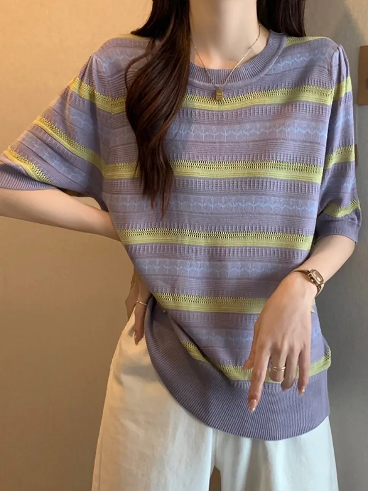 Plus Size Pastel Knit Stripe Short Sleeve Top