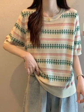 Plus Size Pastel Knit Stripe Short Sleeve Top