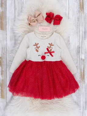 Red & Heathered Oatmeal Reindeer Sparkle Tulle Dress