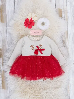 Red & Heathered Oatmeal Reindeer Sparkle Tulle Romper