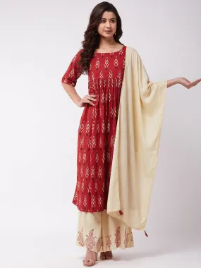 Red Ikkat Print Anarkali Kurta Set