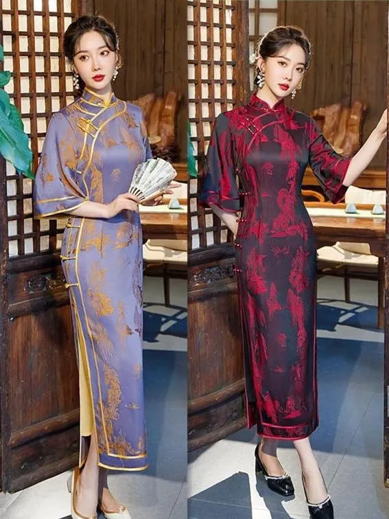 (S-5Xl) Plus Size Scenery Embroidery Formal Cheongsam Dress For Wedding / Performance