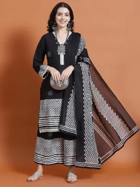 Women Black Floral Print Kurta Wide Pant Dupatta