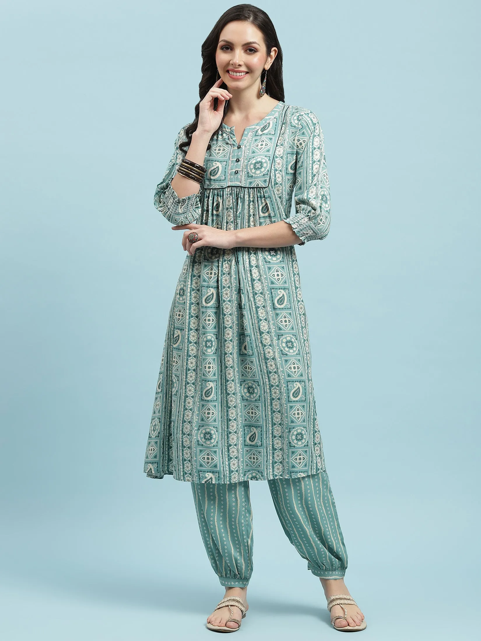 Women Blue Abstract Printed Kurta With Harem Pant