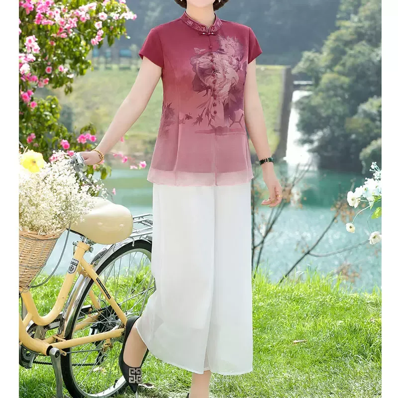 (XL-5XL) Plus Size Chinese Print Chiffon Qipao Top and Pants Set