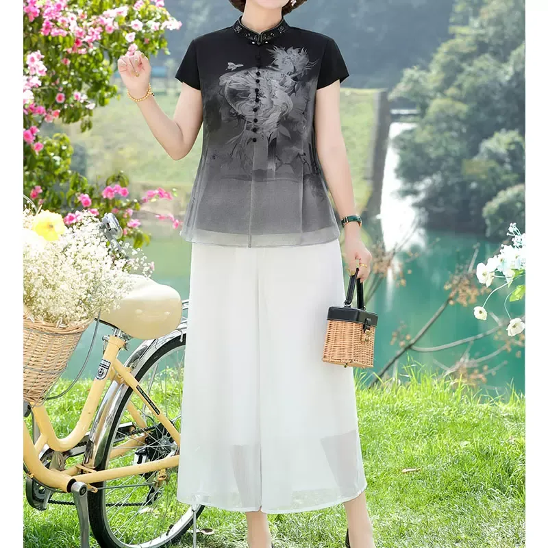 (XL-5XL) Plus Size Chinese Print Chiffon Qipao Top and Pants Set